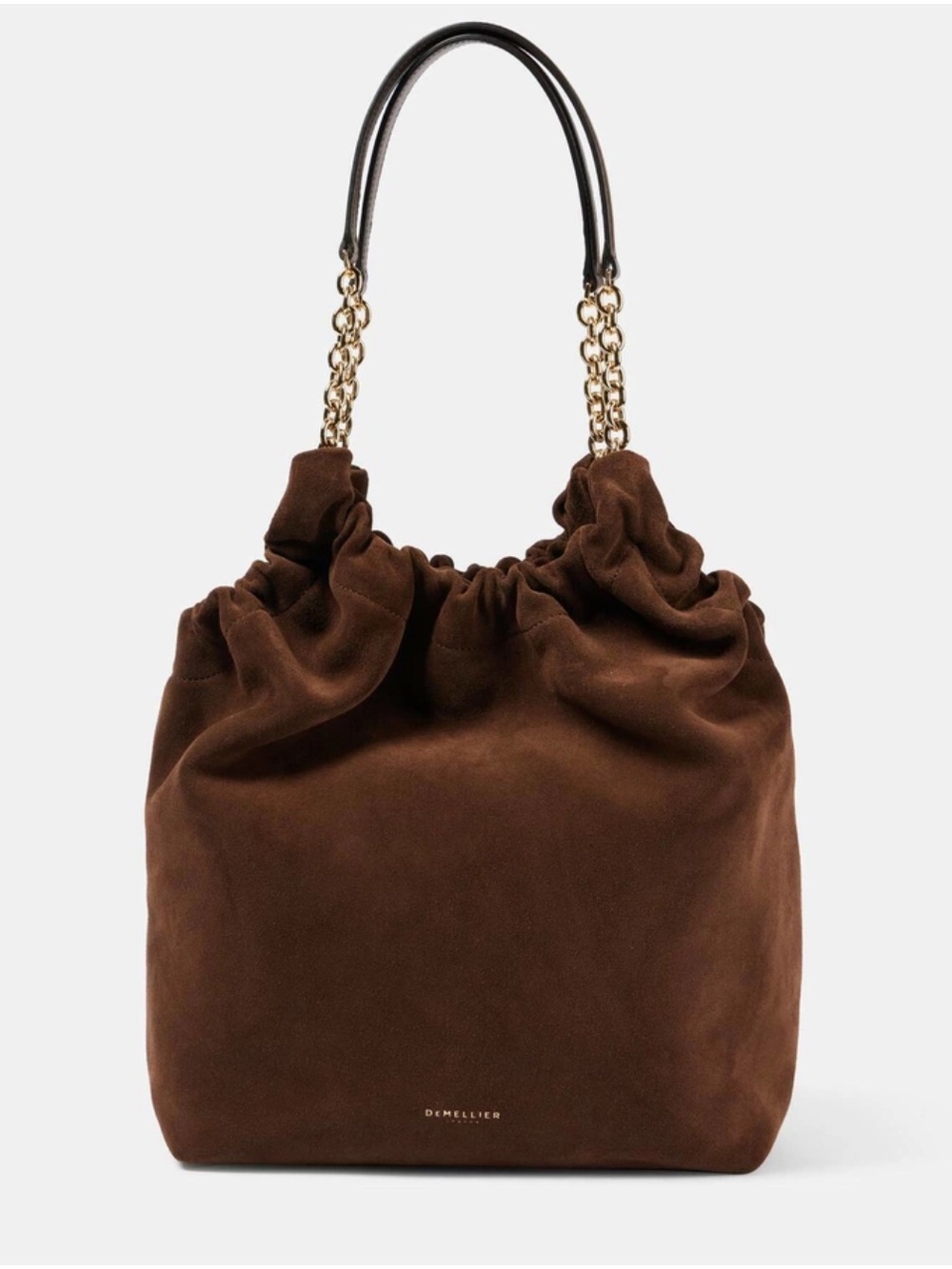 DeMellier Miami Brown Suede Shoulder Bag Tote with Gold Chain Detail NWT
